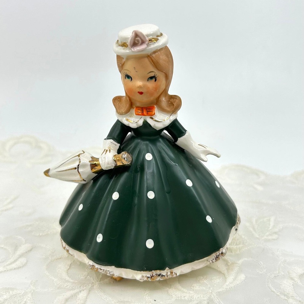 Vintage Victorian Lady Figurine Japan Green Dressed with Umbrella Figurine